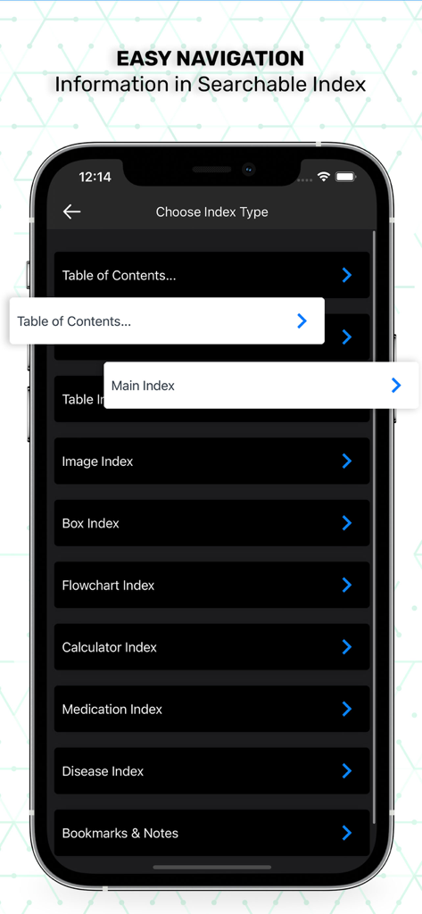 Tela do smartphone mostrando várias opções de índice pesquisáveis como medicamentos, doenças e índices de calculadora para fácil navegação no aplicativo Essentials Clinical Medicine