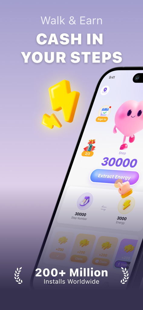 WalkPay mobile app interface showing a step counter and energy extraction button for rewards