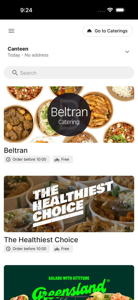 Kombo - Komboモバイルアプリ画面。BeltranやThe Healthiest Choiceなどの企業ケータリングプロバイダーの厳選されたリストを表示しています。