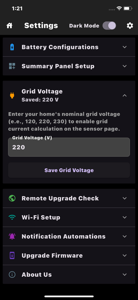 Settings menu of the CEPOWER JKBMS Monitor app showing grid voltage configuration and system options