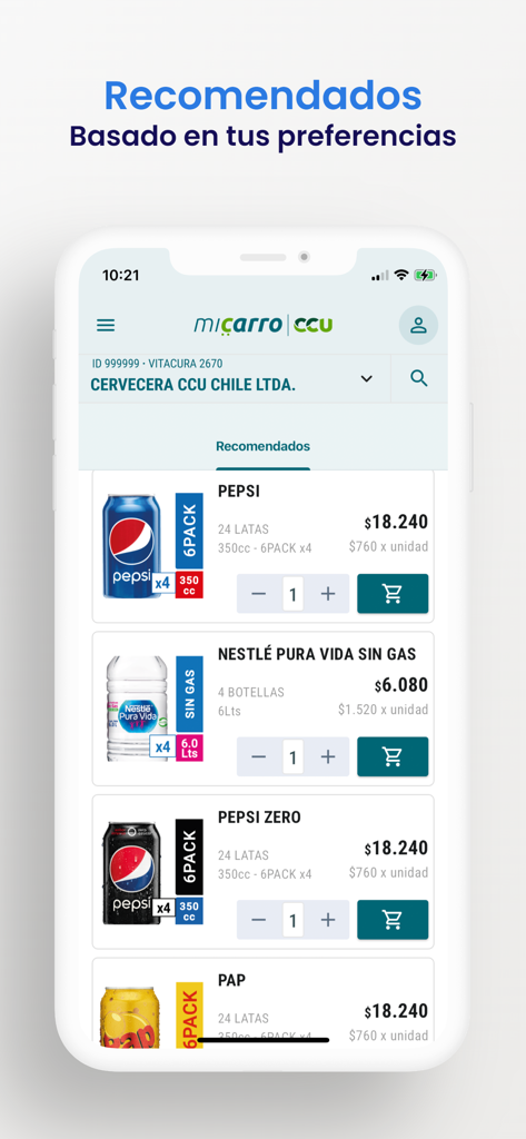 Mi Carro CCU - Interfaccia dell'app mobile Mi Carro CCU che mostra un elenco di prodotti di bevande consigliati per l'ordinazione dell'inventario aziendale