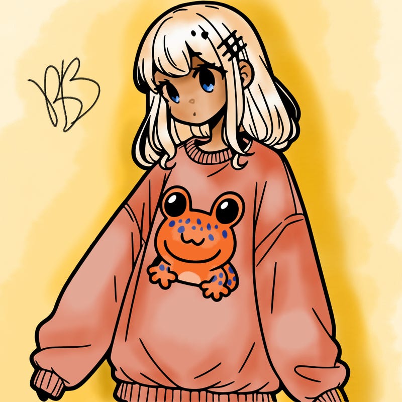 girl wearing frogging sweatshirt