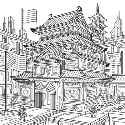 Immerse yourself in a vibrant clash of eras with this unique coloring page featuring a majestic temple re-imagined in a cyberpunk world. Celebrate Pride with intricate details, glowing circuits, and symbols of love awaiting your creative touch.