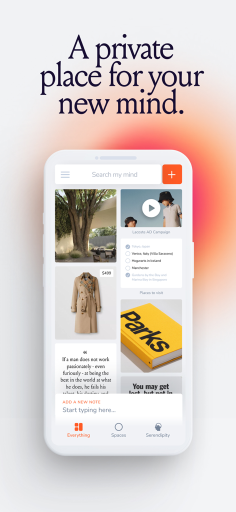 mymind – Extend your mind - Mobile screen of the mymind app displaying a visual grid of saved images notes and checklists in a clean interface