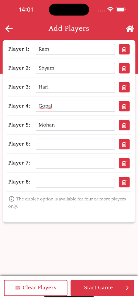 Interface of the Marriage Point Calculator app showing fields to enter names for up to eight players.