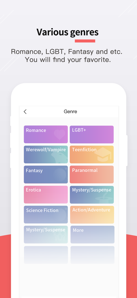 Lovenovelアプリのインターフェース。ロマンス、LGBTQ+、ファンタジーなどのさまざまな読書ジャンルが表示されています