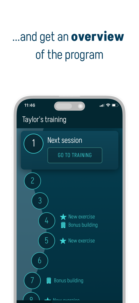 Nuroe — Focus. Learn. Thrive. - A mobile screen showing the Nuroe training program roadmap with numbered sessions and an overview of upcoming exercises