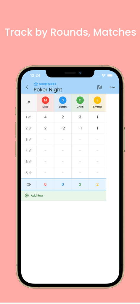 ScoreBoardly app showing a Poker Night digital scoresheet with round tracking for four players