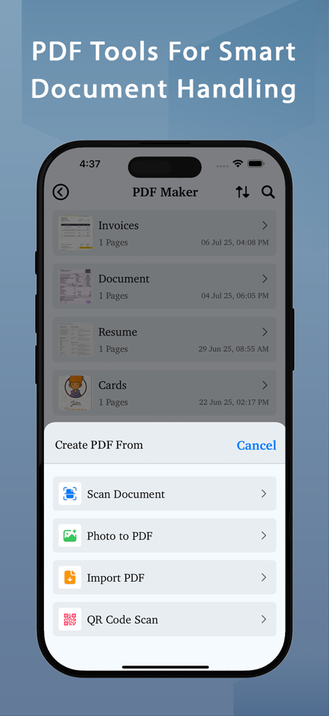 Interfaccia di PDF Maker che mostra le opzioni Scansiona documento e Foto in PDF