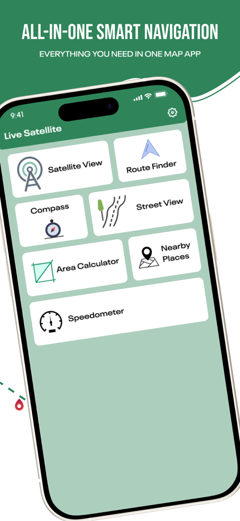 Earth Maps 3D: Live Satellite - Main dashboard of Earth Maps 3D app featuring satellite view route finder and area calculator