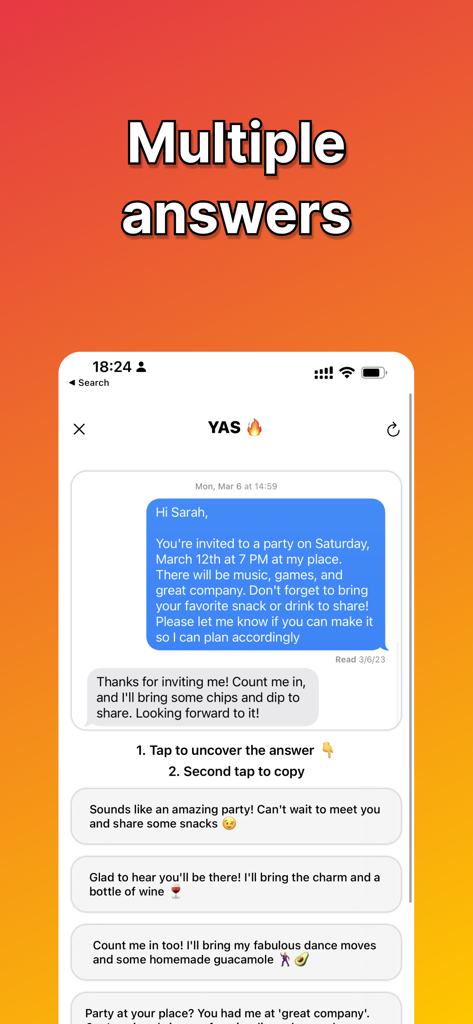 Screenshot of YAS RizzGPT app showing multiple AI generated responses for a dating chat.