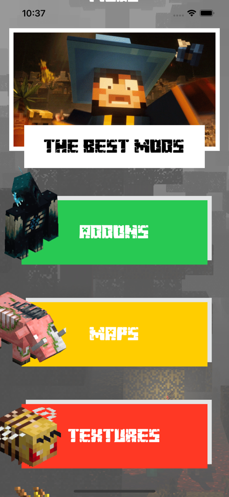 MCPE ADDONS FOR MINECRAFT PE . - Pantalla de la app que muestra categorías de mapas, addons y texturas para Minecraft PE