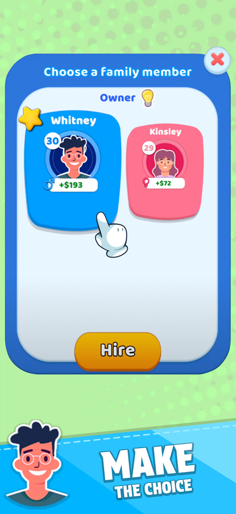 Family Life! - In-game screen showing the option to choose and hire a family member in the Family Life mobile app.