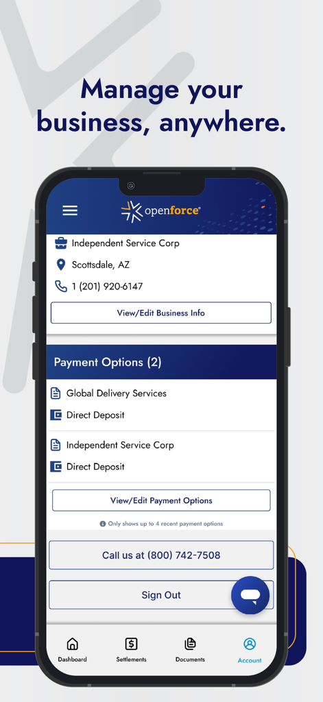 Openforce app account dashboard showing business information and payment options for independent contractors