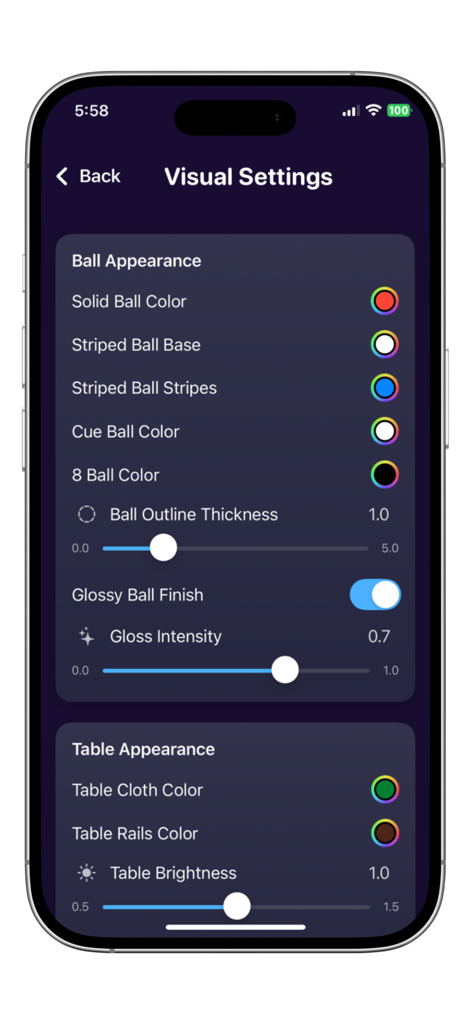 Menú de configuración visual de la aplicación Aim Master 8 Ball Pool que muestra opciones de personalización para colores de bola y apariencia de la mesa.