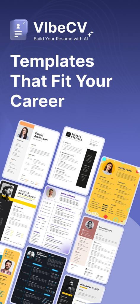 Eine Vielzahl von professionellen und kreativen Lebenslaufvorlagen, die auf der VibeCV-App-Oberfläche angezeigt werden
