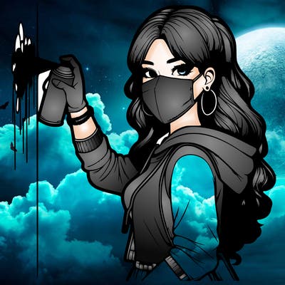 realistic girl with mask spray painting a wall