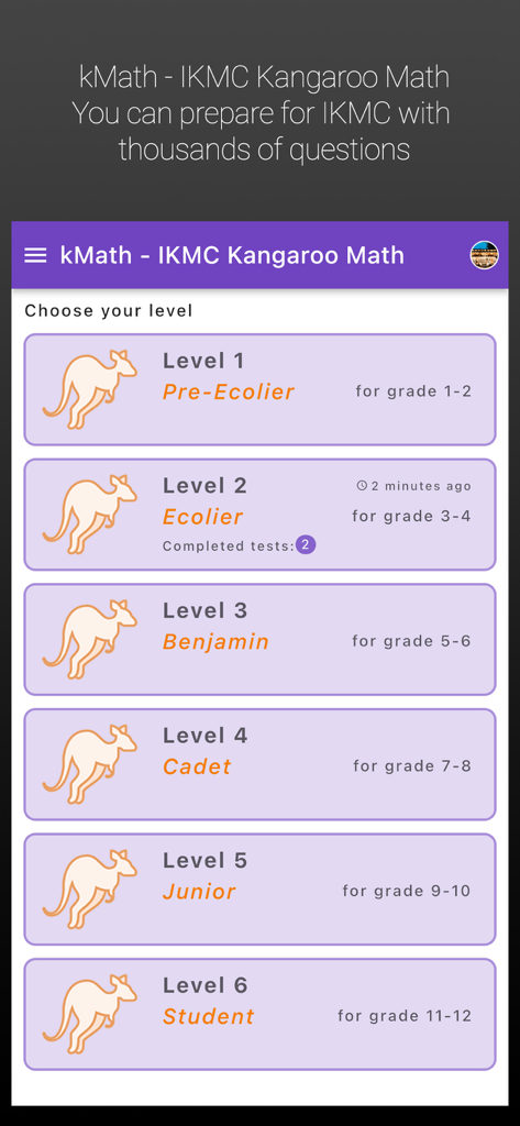 kMath - IKMC Kangaroo Math - Kangaroo Math competition levels for grades 1 through 12 in the kMath app
