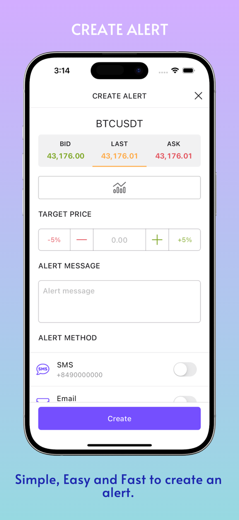 Creating a bitcoin price alert on the Forex Smart Alert app interface