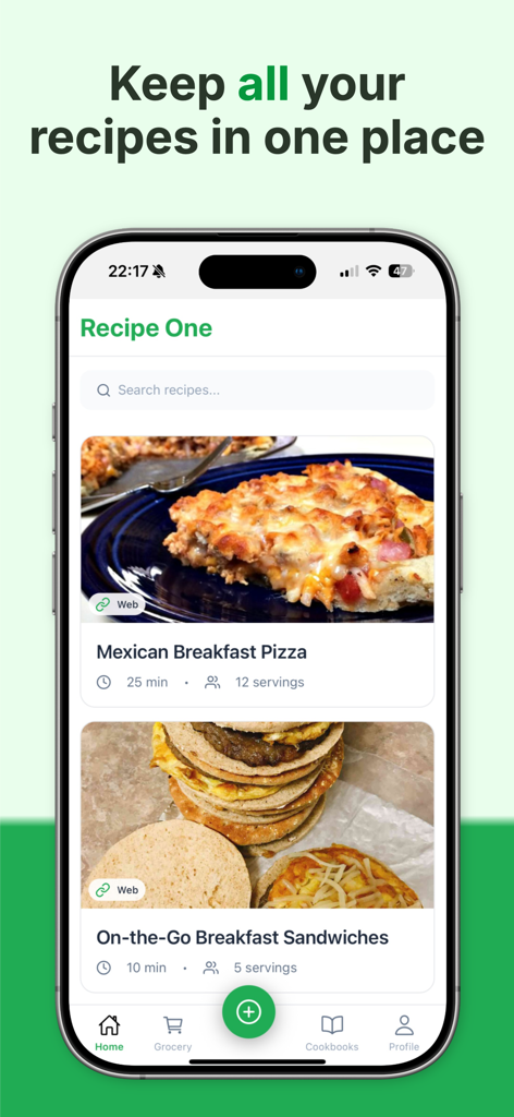 Home screen of the Recipe One app displaying a clean interface with saved recipes like Mexican Breakfast Pizza and a search bar.