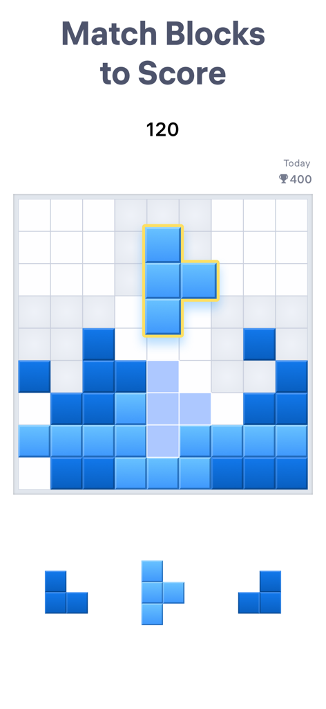 Interfaz del juego móvil Blockudoku mostrando una cuadrícula de 9x9 donde se combinan bloques azules para obtener puntos