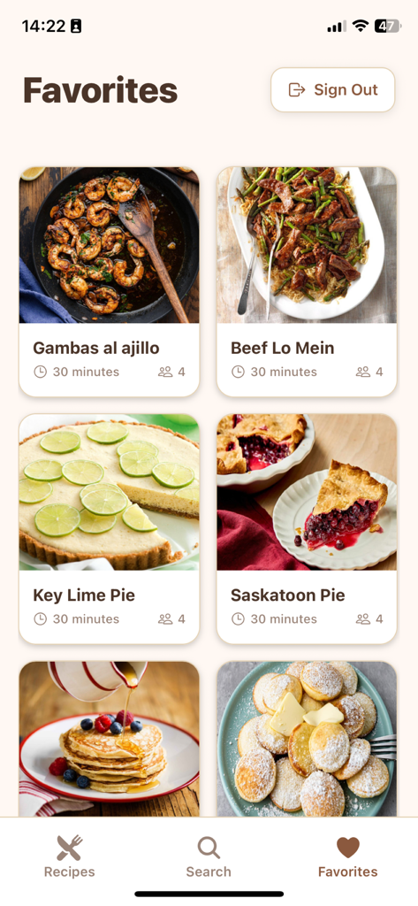 Recipe Finder: Easy Cooking - 이미지와 조리 시간이 포함된 저장된 레시피 모음을 표시하는 레시피 파인더 앱의 즐겨찾기 화면.