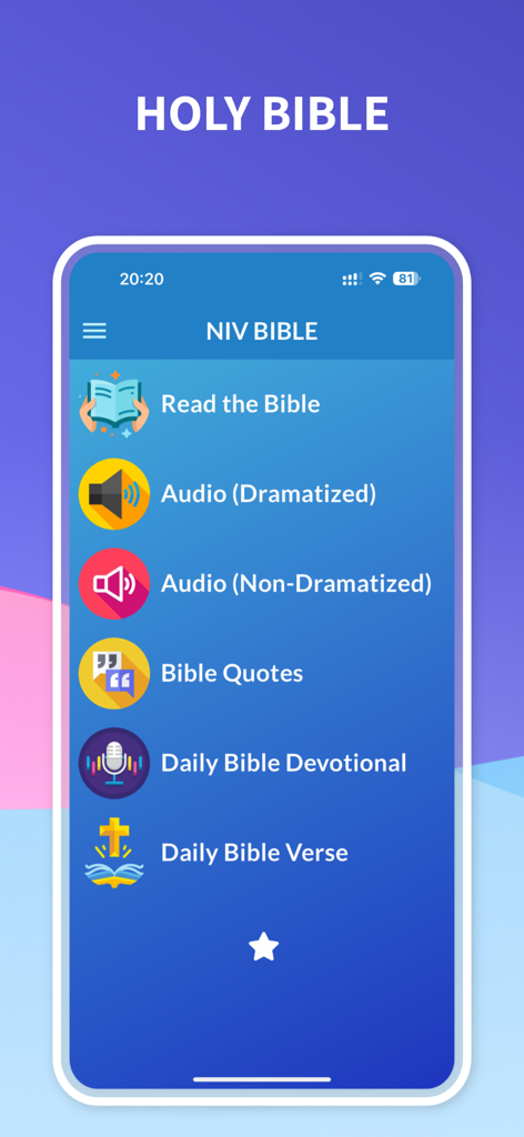 Holy Bible NIV - Audio & Verse - El menú principal de la aplicación Santa Biblia NIV mostrando opciones para leer biblias en audio y devocionales diarios