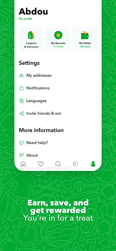 User profile interface of Wajeez app displaying loyalty rewards wallet balance and account settings