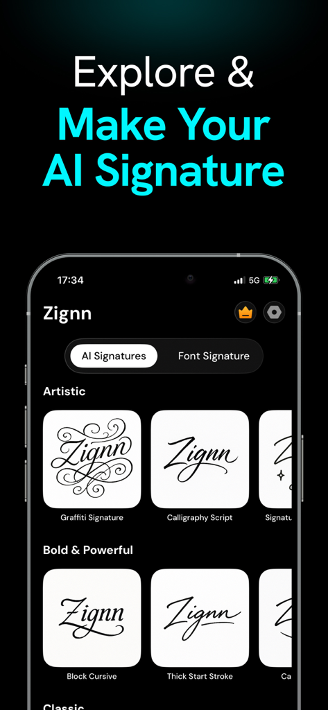 AI Signature Maker・Generator - Pantalla de smartphone mostrando varios estilos de firma generados por IA, incluyendo caligrafía artística y estilos cursivos audaces en la app Zignn
