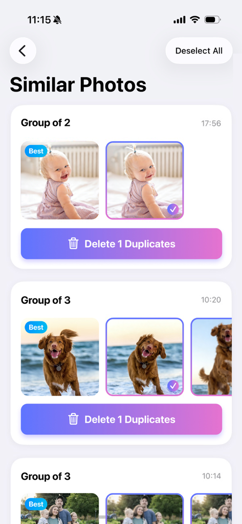 TidyLens - TidyLens app screen showing similar photos of a baby and a dog grouped to delete duplicates