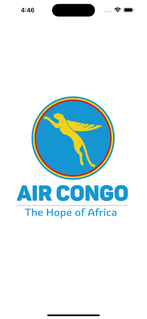 Air Congo - Schermata di avvio dell'app Air Congo con il logo di un ghepardo alato e lo slogan La Speranza dell'Africa.