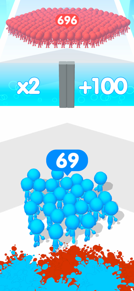 Eine Menge blauer Stickmen nähert sich mathematischen Multiplikator-Toren, um ihre Anzahl in einem 3D-Runner zu erhöhen.