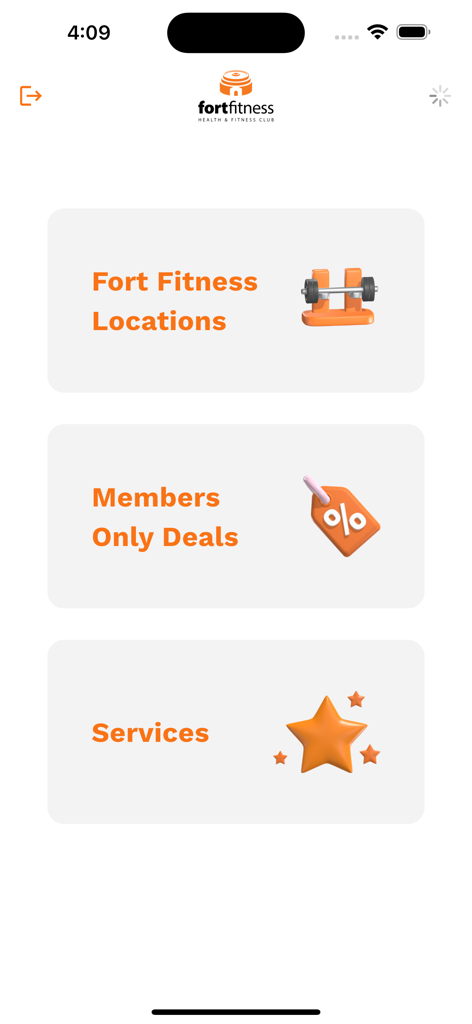 Pantalla principal de la aplicación Fort Fitness Gym mostrando opciones de menú para ubicaciones, ofertas solo para miembros y servicios