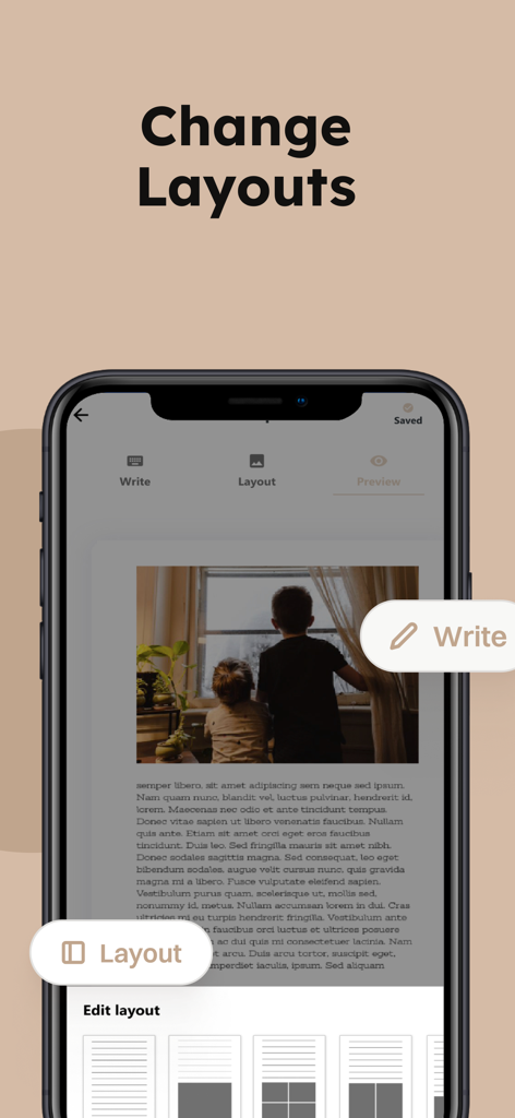 Baby Diaries - Book Journal - Mobile interface of the Baby Diaries app showing various layout options for customizing a baby book page