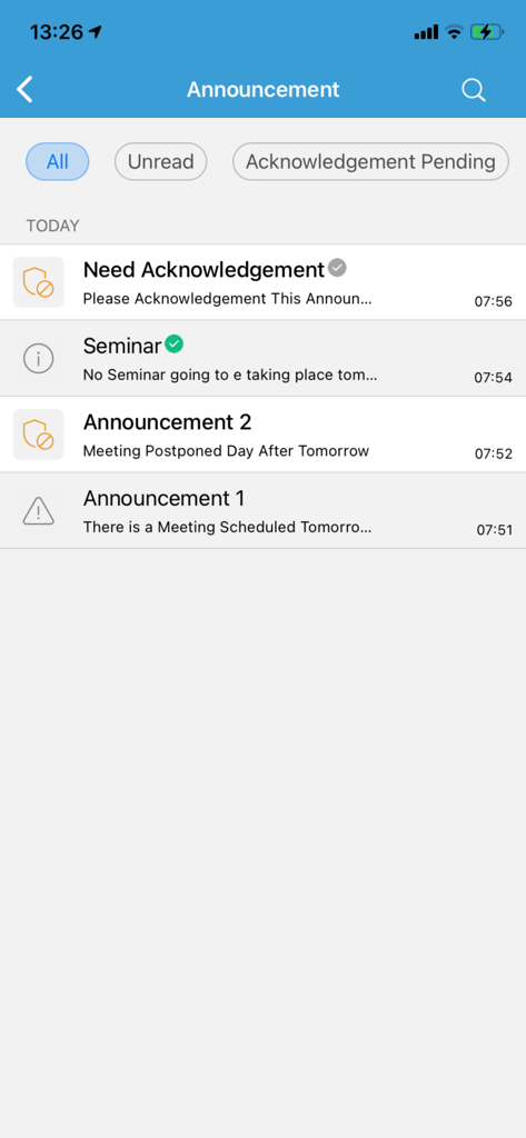 Corporate announcement list within the ManageEngine MDM app showing notifications and meeting updates