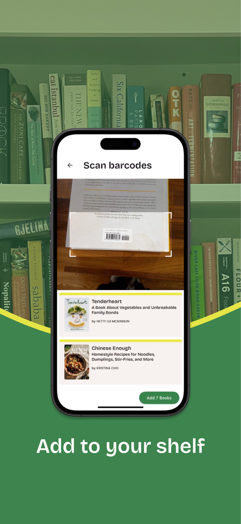 CookShelf: Search Cookbooks - Interfaz de la aplicación CookShelf que muestra un teléfono inteligente escaneando el código de barras de un libro de cocina para agregarlo a una colección digital