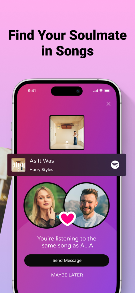 Meet Music: Dating for Spotify - Meet Music app interface showing a dating match between two people listening to the same song on Spotify.