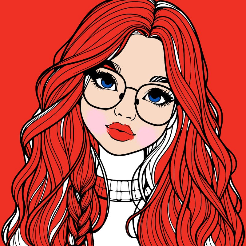 girl with long hair and freckles and glasses realistic