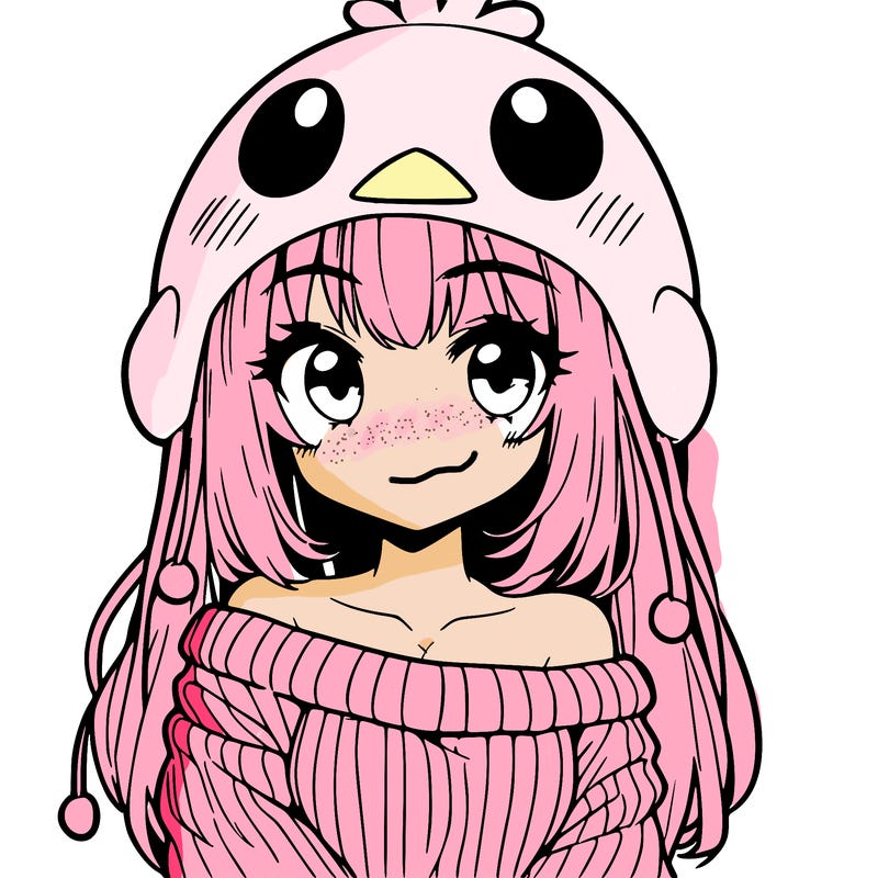 anime girl with chick shaped hat with sweater with bare shoulders with bangs covering them one eye with low tail