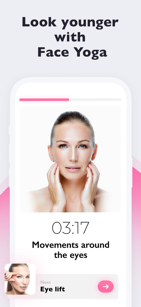 Glowly: Face & Body Workouts - Mobile app screen showing a woman performing a face yoga eye lift exercise