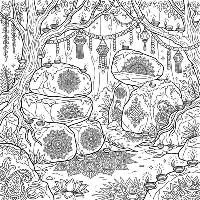 Immerse yourself in the festive spirit of Diwali with this unique coloring page featuring ancient forest rocks adorned with beautiful decorations. Discover intricate rangoli patterns, traditional diyas, and garlands, offering a serene yet celebratory scene to bring to life with color.