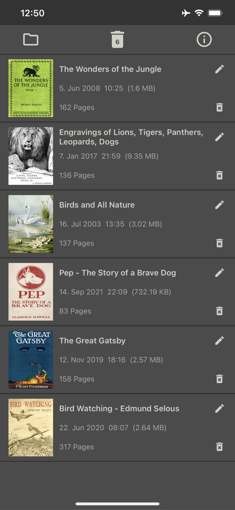 PDF to Image - JPG, PNG, HEIC - List of PDF documents in the app library showing titles file sizes and page counts