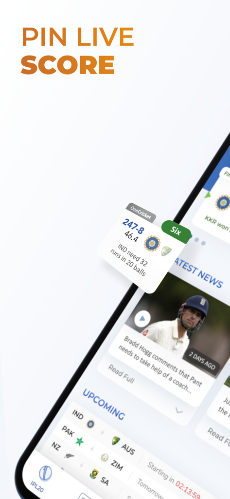 OneCricket - OneCricket app showing a pinned live match score widget and cricket news feed