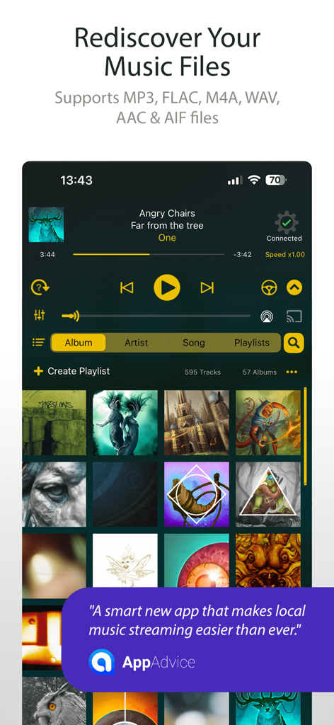 MusicStreamer app interface showing album art grid and music playback controls