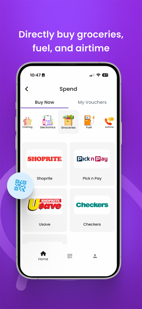 Zeam app interface showing grocery shopping options for African supermarkets like Shoprite and Pick n Pay