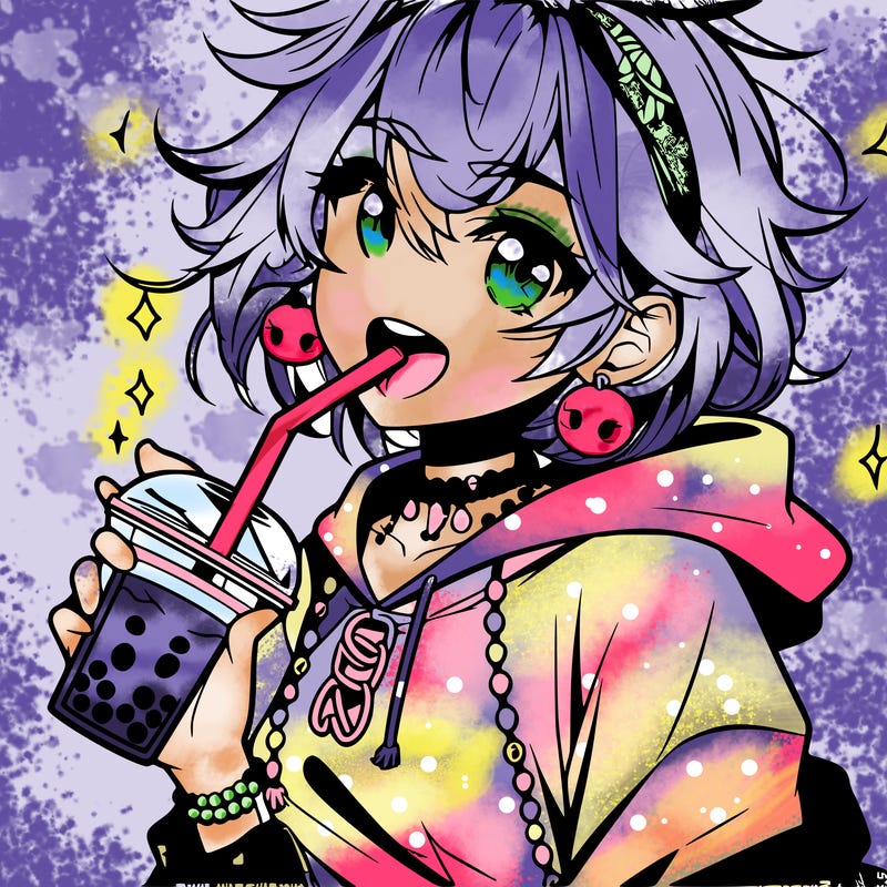 hot baddie anime girl drinking boba and biting the straw
