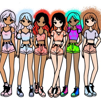 a group of girls wearing crop tops and shorts