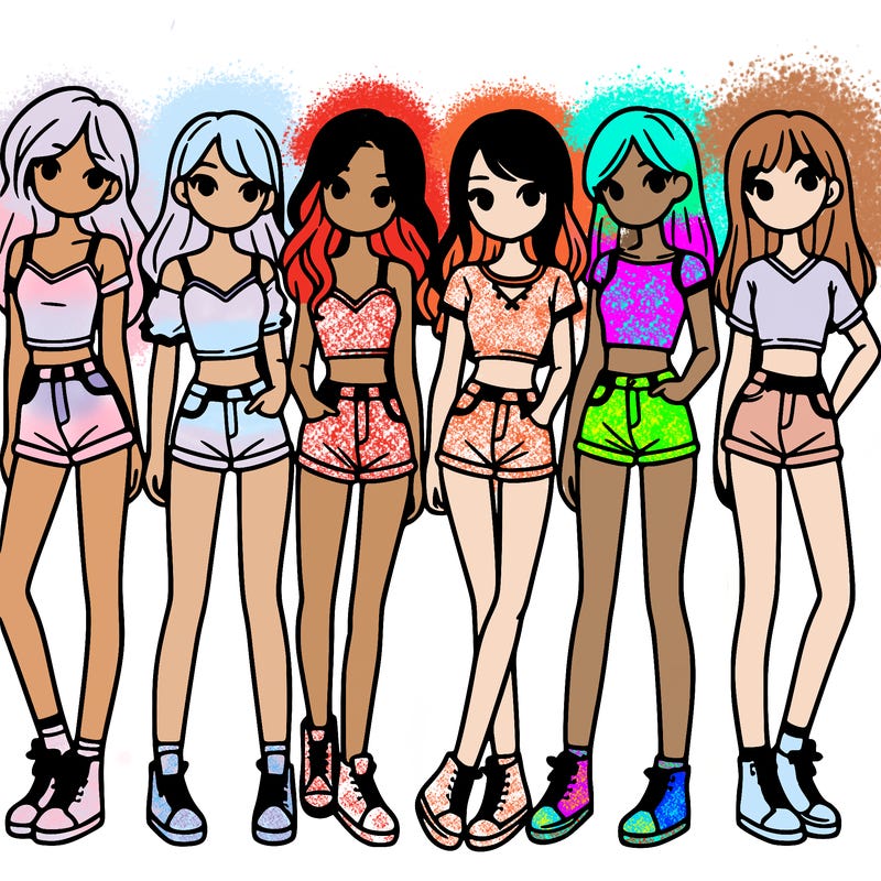 a group of girls wearing crop tops and shorts