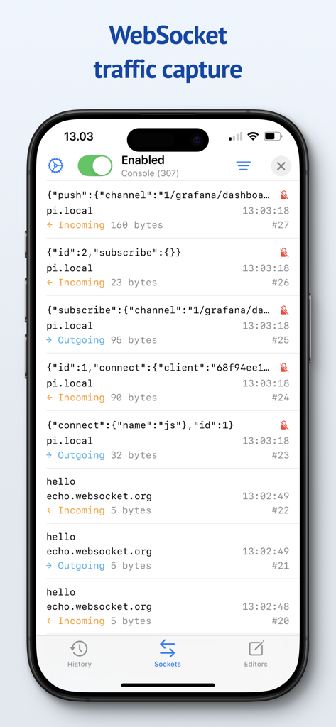 Proxygen mobile app interface showing a list of captured incoming and outgoing WebSocket messages with JSON data and byte sizes.