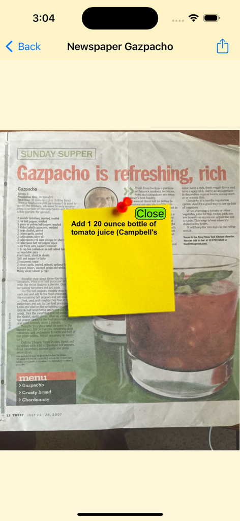 JustMyRecipes - A digital yellow sticky note with personal cooking tips added to a Gazpacho recipe clipping